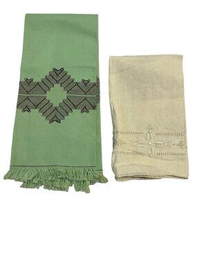 Vintage Embroidered Linen Towels Set Green Fringe & Cream Guest Towels Handmade